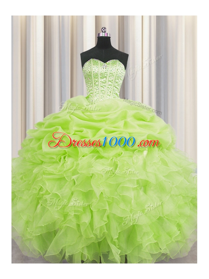 Traditional Pick Ups Visible Boning Ball Gowns Quince Ball Gowns Yellow Green Sweetheart Organza Sleeveless Floor Length Lace Up