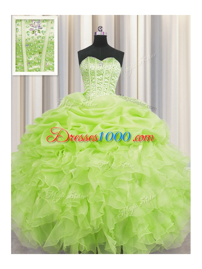 Traditional Pick Ups Visible Boning Ball Gowns Quince Ball Gowns Yellow Green Sweetheart Organza Sleeveless Floor Length Lace Up