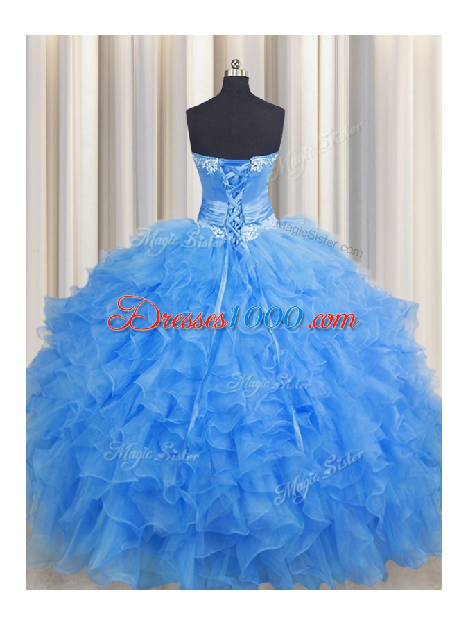 Vintage Handcrafted Flower Baby Blue Sweetheart Neckline Beading and Ruffles and Hand Made Flower Quinceanera Gown Sleeveless Lace Up