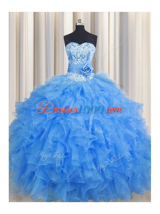 Vintage Handcrafted Flower Baby Blue Sweetheart Neckline Beading and Ruffles and Hand Made Flower Quinceanera Gown Sleeveless Lace Up