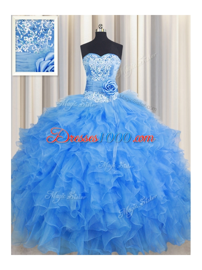 Vintage Handcrafted Flower Baby Blue Sweetheart Neckline Beading and Ruffles and Hand Made Flower Quinceanera Gown Sleeveless Lace Up