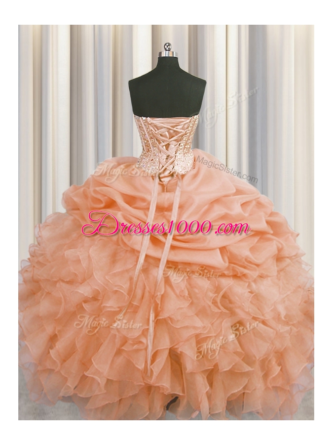 Visible Boning Floor Length Lace Up Quinceanera Dresses Orange and In for Military Ball and Sweet 16 and Quinceanera with Beading and Ruffles and Pick Ups