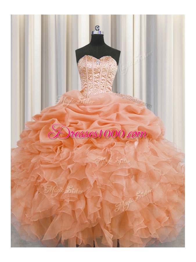 Visible Boning Floor Length Lace Up Quinceanera Dresses Orange and In for Military Ball and Sweet 16 and Quinceanera with Beading and Ruffles and Pick Ups