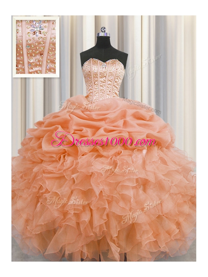 Visible Boning Floor Length Lace Up Quinceanera Dresses Orange and In for Military Ball and Sweet 16 and Quinceanera with Beading and Ruffles and Pick Ups