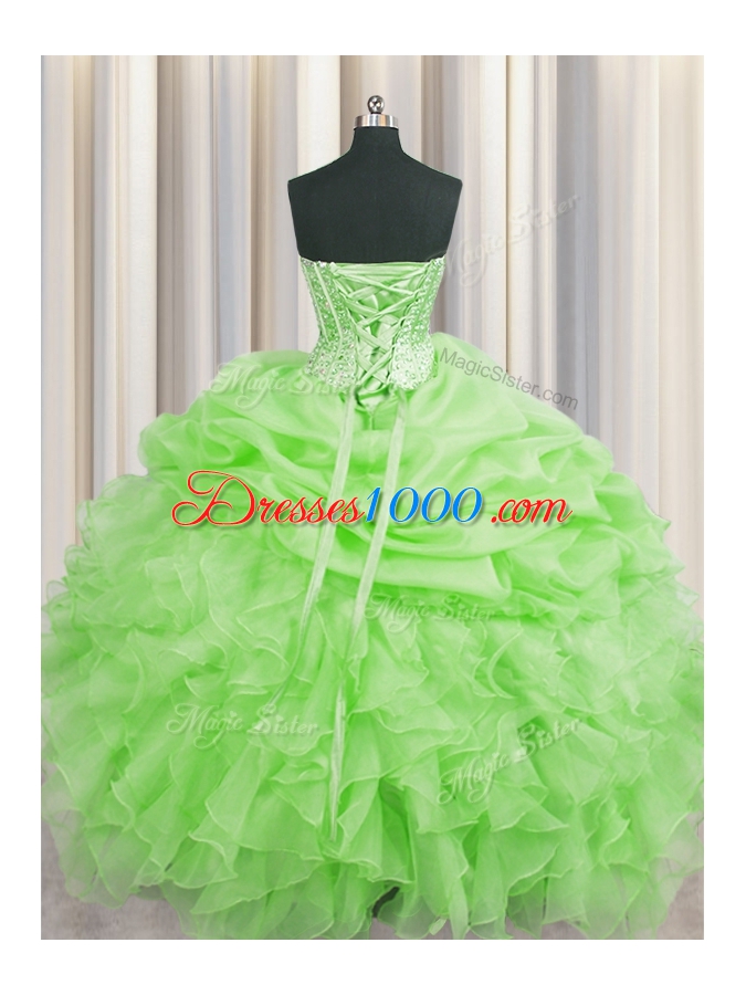 Visible Boning Sleeveless Floor Length Beading and Ruffles and Pick Ups Lace Up Quince Ball Gowns with