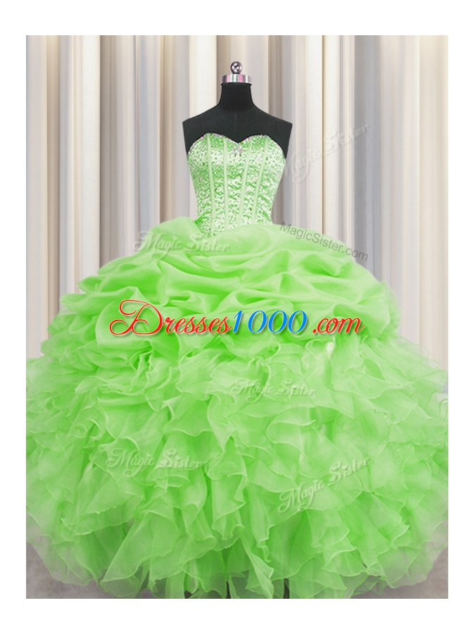 Visible Boning Sleeveless Floor Length Beading and Ruffles and Pick Ups Lace Up Quince Ball Gowns with