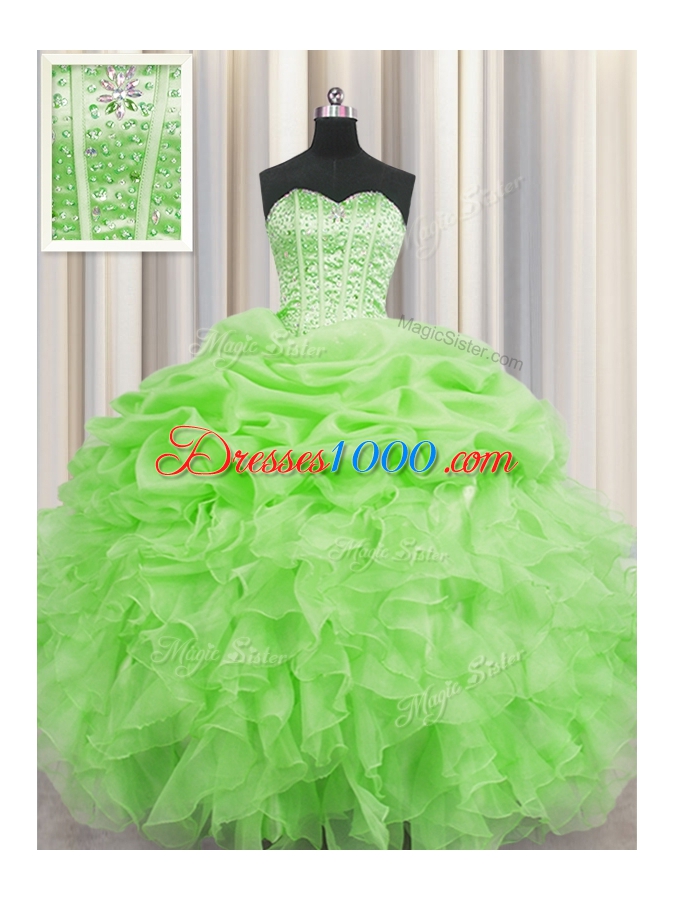 Visible Boning Sleeveless Floor Length Beading and Ruffles and Pick Ups Lace Up Quince Ball Gowns with
