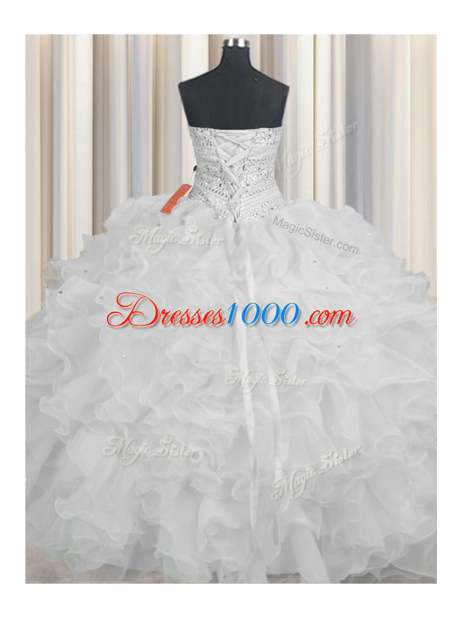 White Ball Gowns Organza Sweetheart Sleeveless Beading and Ruffles Floor Length Lace Up Quinceanera Gown