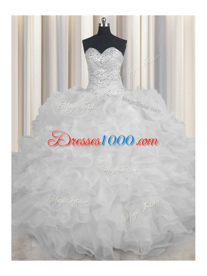 White Ball Gowns Organza Sweetheart Sleeveless Beading and Ruffles Floor Length Lace Up Quinceanera Gown