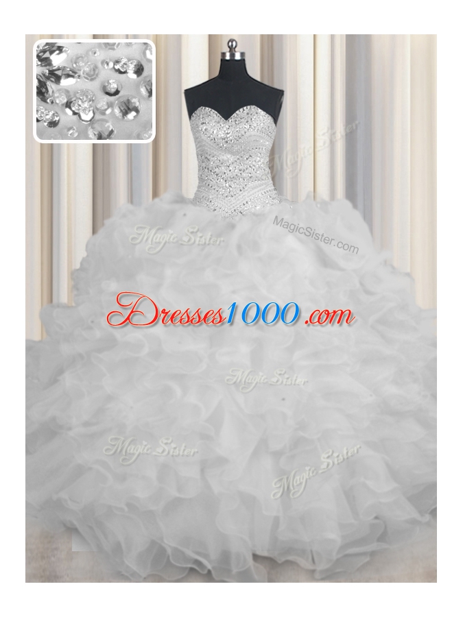 White Ball Gowns Organza Sweetheart Sleeveless Beading and Ruffles Floor Length Lace Up Quinceanera Gown