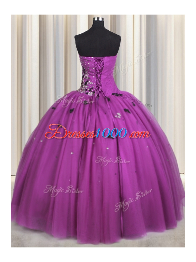 Beading and Appliques Sweet 16 Dresses Fuchsia Lace Up Sleeveless Floor Length