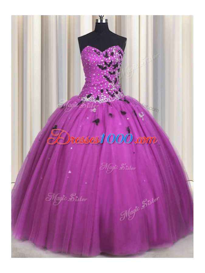 Beading and Appliques Sweet 16 Dresses Fuchsia Lace Up Sleeveless Floor Length