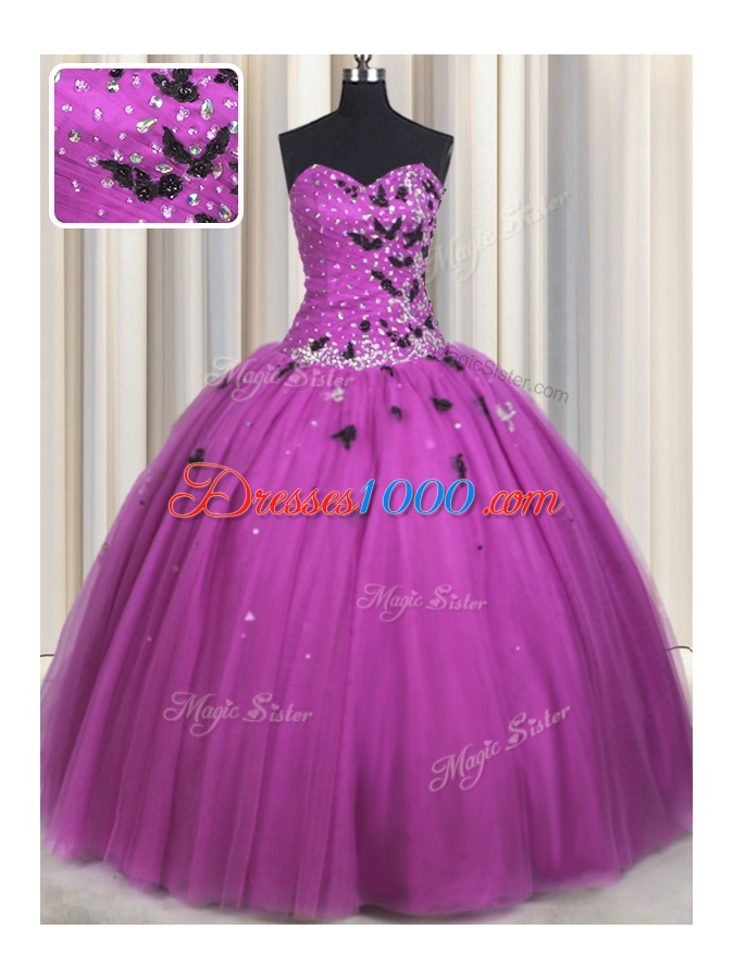 Beading and Appliques Sweet 16 Dresses Fuchsia Lace Up Sleeveless Floor Length
