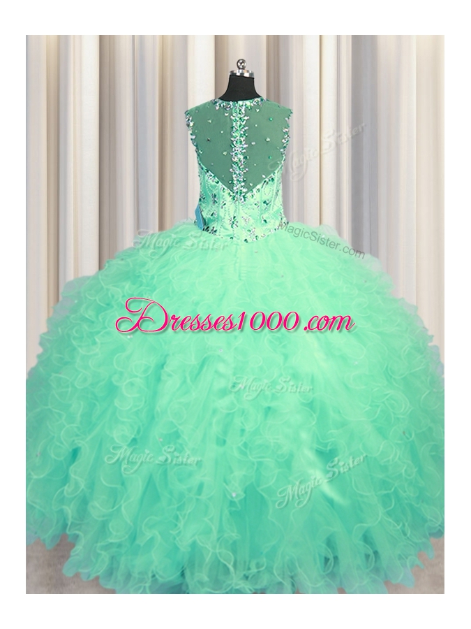 Cheap See Through Zipper Up Turquoise Sleeveless Beading and Ruffles Floor Length Ball Gown Prom Dress
