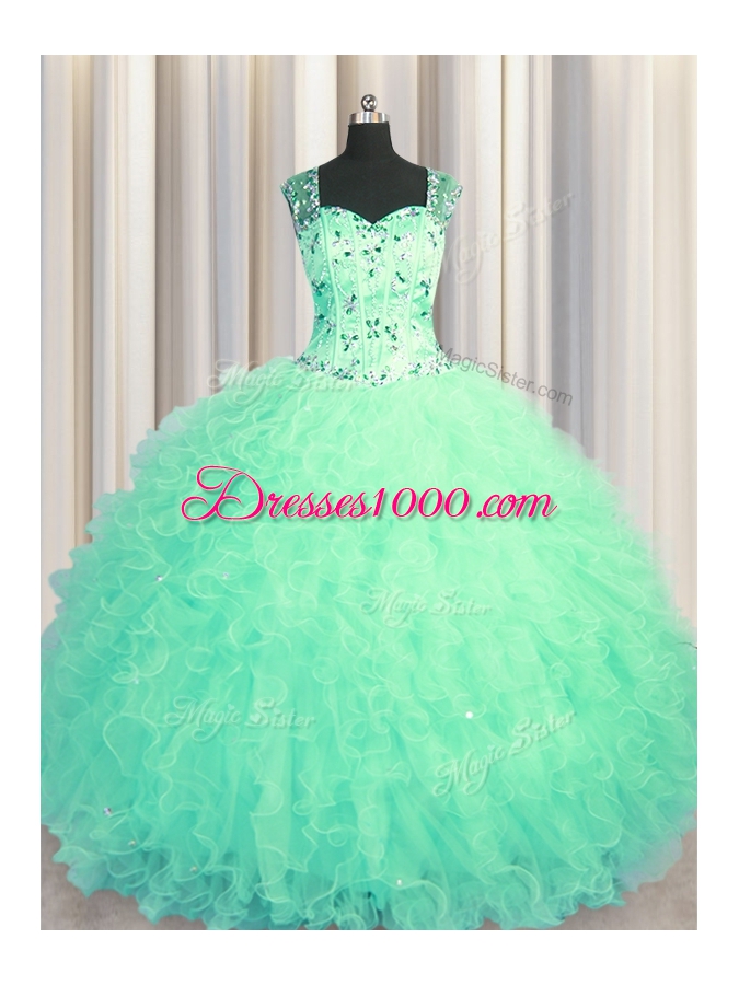 Cheap See Through Zipper Up Turquoise Sleeveless Beading and Ruffles Floor Length Ball Gown Prom Dress