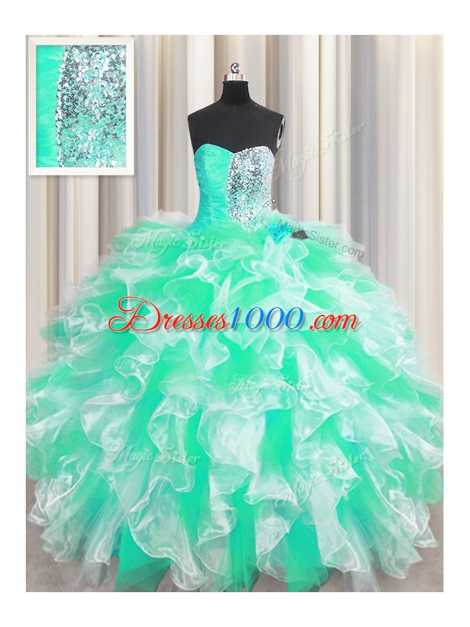 Colorful Apple Green Sweetheart Neckline Beading and Ruffles Ball Gown Prom Dress Sleeveless Lace Up