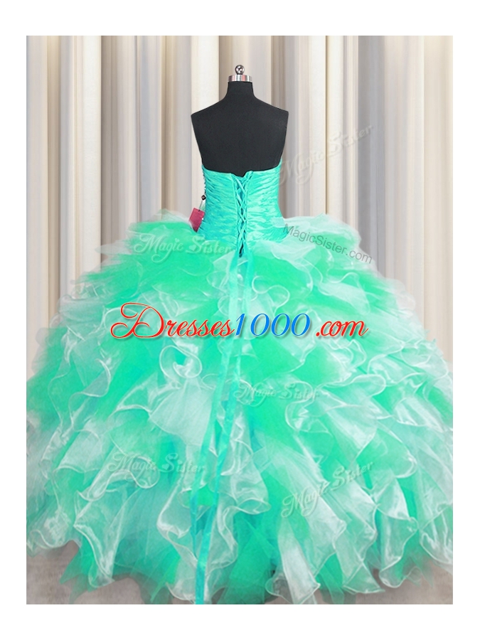 Colorful Apple Green Sweetheart Neckline Beading and Ruffles Ball Gown Prom Dress Sleeveless Lace Up