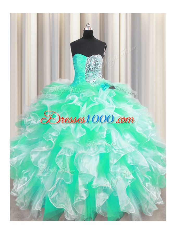 Colorful Apple Green Sweetheart Neckline Beading and Ruffles Ball Gown Prom Dress Sleeveless Lace Up