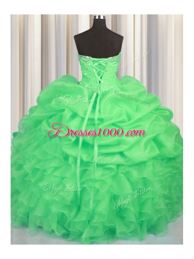 Customized Green Sweet 16 Quinceanera Dress Military Ball and Sweet 16 and Quinceanera and For with Beading and Ruffles and Ruching and Pick Ups Sweetheart Sleeveless Lace Up