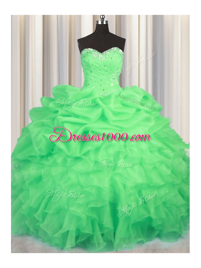 Customized Green Sweet 16 Quinceanera Dress Military Ball and Sweet 16 and Quinceanera and For with Beading and Ruffles and Ruching and Pick Ups Sweetheart Sleeveless Lace Up