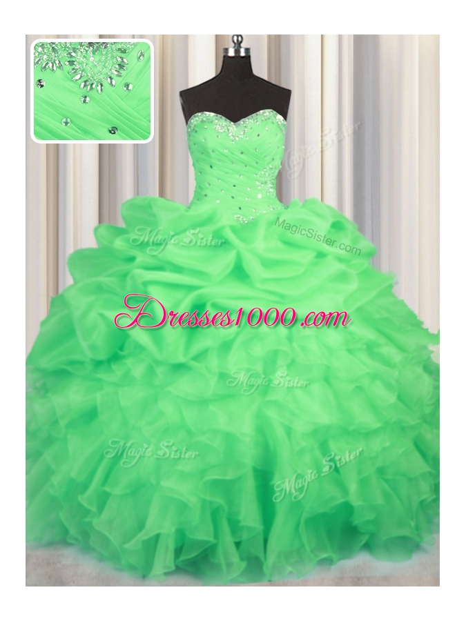 Customized Green Sweet 16 Quinceanera Dress Military Ball and Sweet 16 and Quinceanera and For with Beading and Ruffles and Ruching and Pick Ups Sweetheart Sleeveless Lace Up
