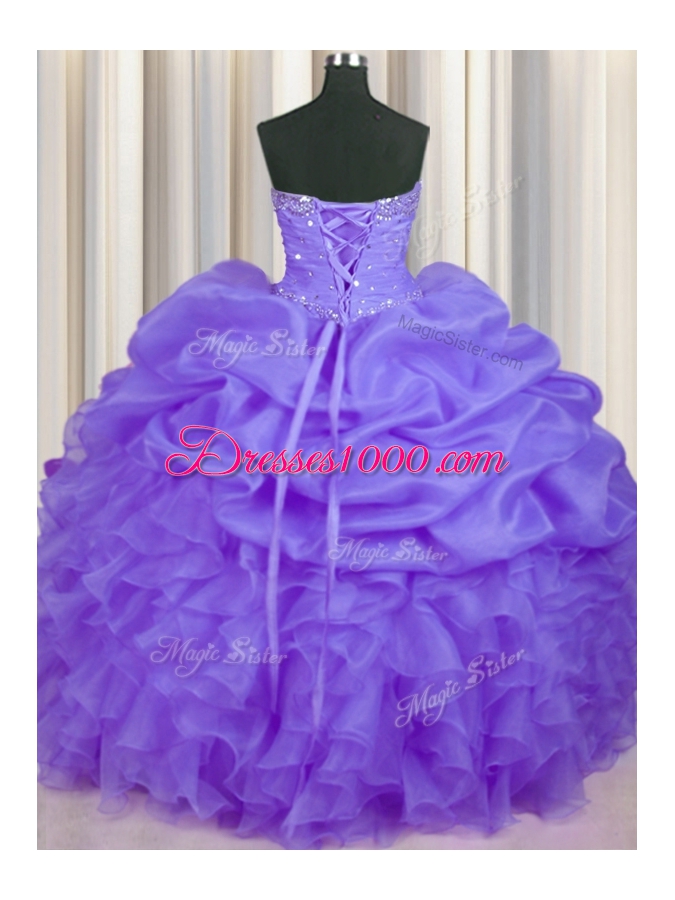 Dazzling Lavender Ball Gowns Sweetheart Sleeveless Organza Floor Length Lace Up Beading and Ruffles and Pick Ups Quinceanera Gown