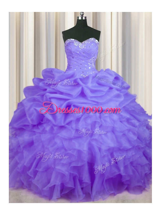 Dazzling Lavender Ball Gowns Sweetheart Sleeveless Organza Floor Length Lace Up Beading and Ruffles and Pick Ups Quinceanera Gown