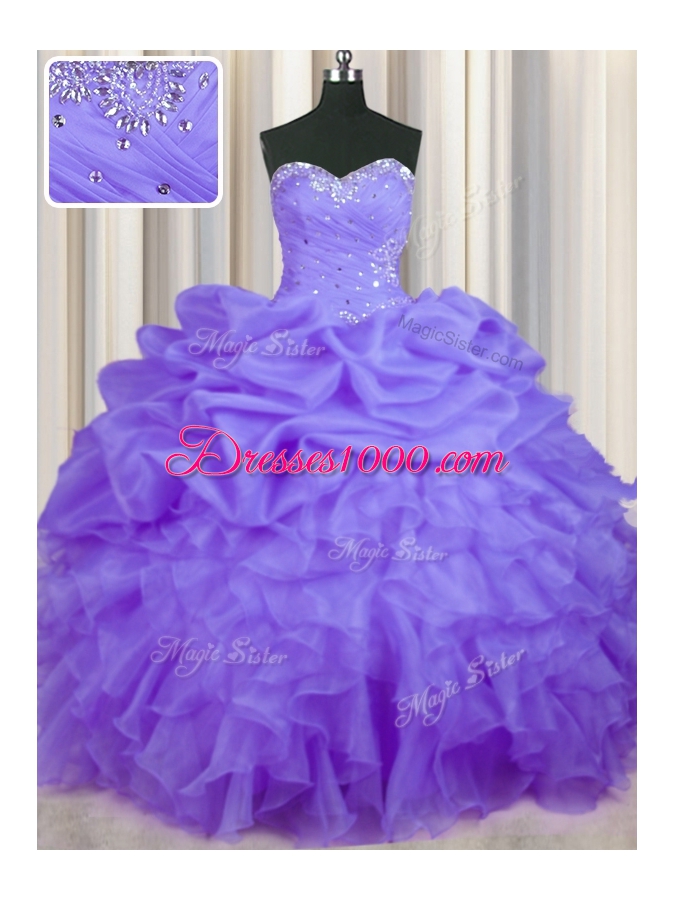 Dazzling Lavender Ball Gowns Sweetheart Sleeveless Organza Floor Length Lace Up Beading and Ruffles and Pick Ups Quinceanera Gown