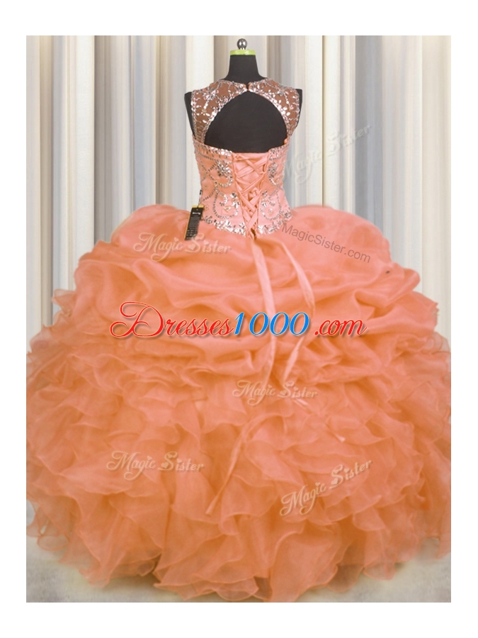 Fantastic See Through Beading and Ruffles and Pick Ups Quinceanera Gown Orange Lace Up Sleeveless Floor Length