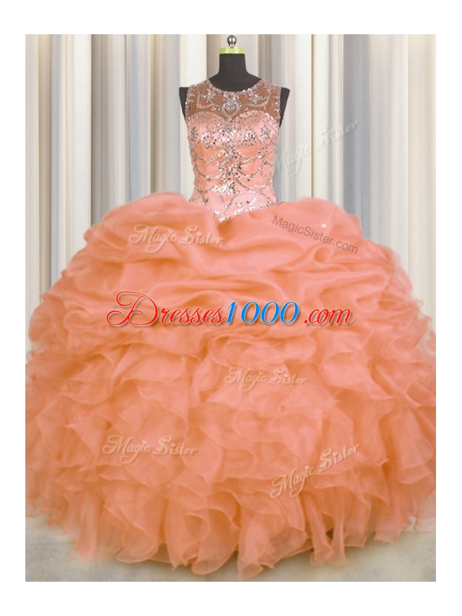 Fantastic See Through Beading and Ruffles and Pick Ups Quinceanera Gown Orange Lace Up Sleeveless Floor Length