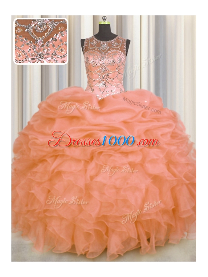 Fantastic See Through Beading and Ruffles and Pick Ups Quinceanera Gown Orange Lace Up Sleeveless Floor Length