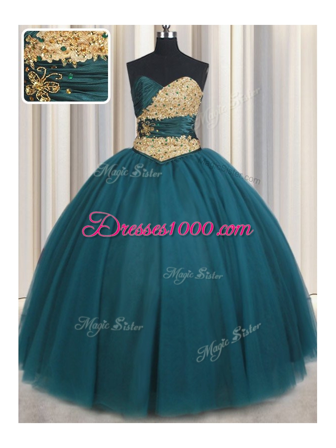 Floor Length Lace Up Quinceanera Dresses Teal and In for Military Ball and Sweet 16 and Quinceanera with Beading