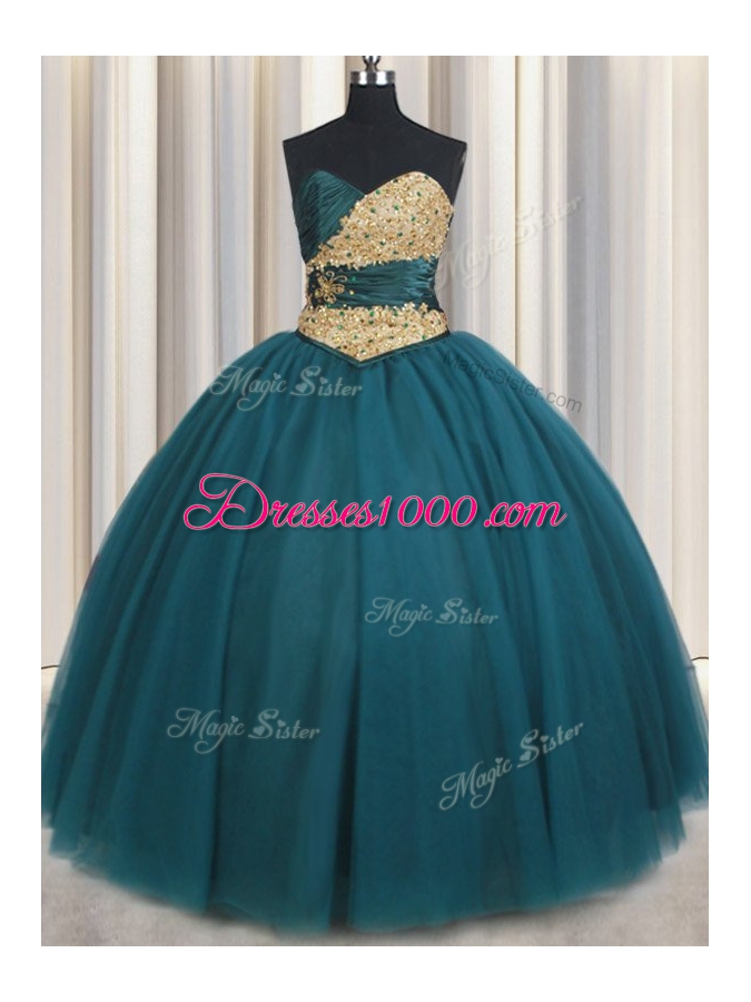 Floor Length Lace Up Quinceanera Dresses Teal and In for Military Ball and Sweet 16 and Quinceanera with Beading