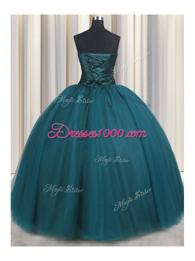 Floor Length Lace Up Quinceanera Dresses Teal and In for Military Ball and Sweet 16 and Quinceanera with Beading