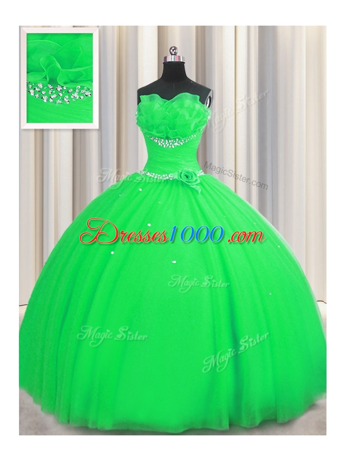 Glorious Handcrafted Flower Sleeveless Floor Length Beading and Sequins and Hand Made Flower Lace Up 15 Quinceanera Dress with Green