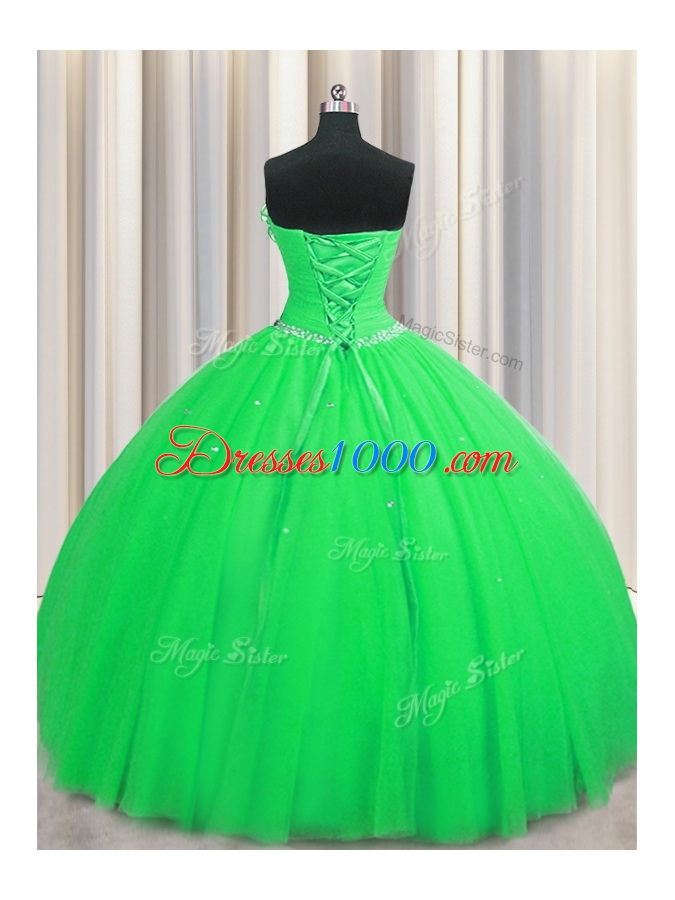 Glorious Handcrafted Flower Sleeveless Floor Length Beading and Sequins and Hand Made Flower Lace Up 15 Quinceanera Dress with Green