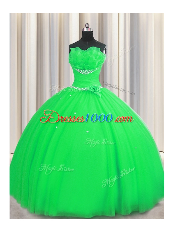 Glorious Handcrafted Flower Sleeveless Floor Length Beading and Sequins and Hand Made Flower Lace Up 15 Quinceanera Dress with Green