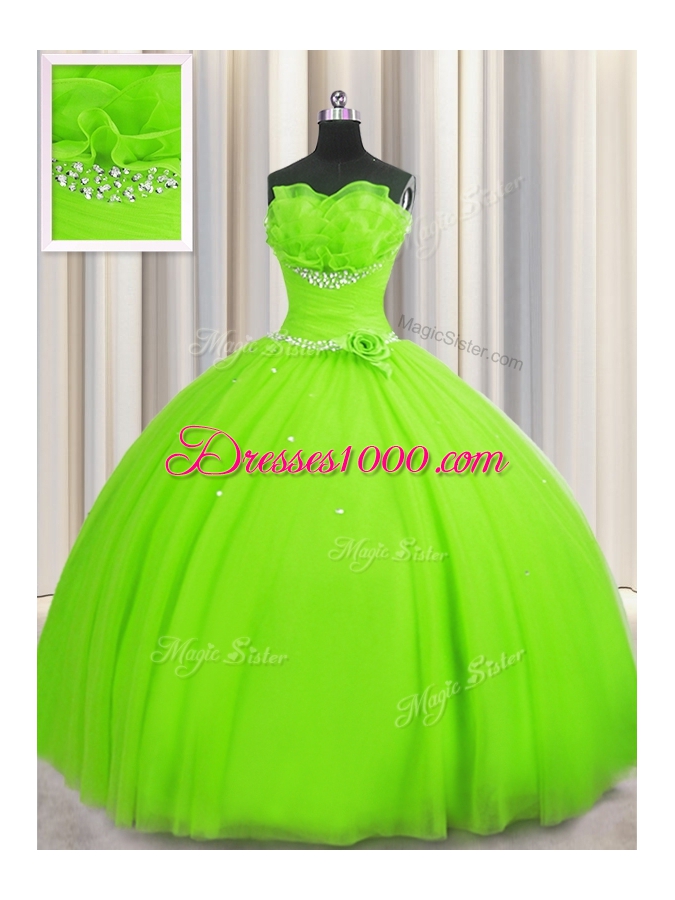 Handcrafted Flower Strapless Neckline Beading and Sequins and Hand Made Flower Vestidos de Quinceanera Sleeveless Lace Up