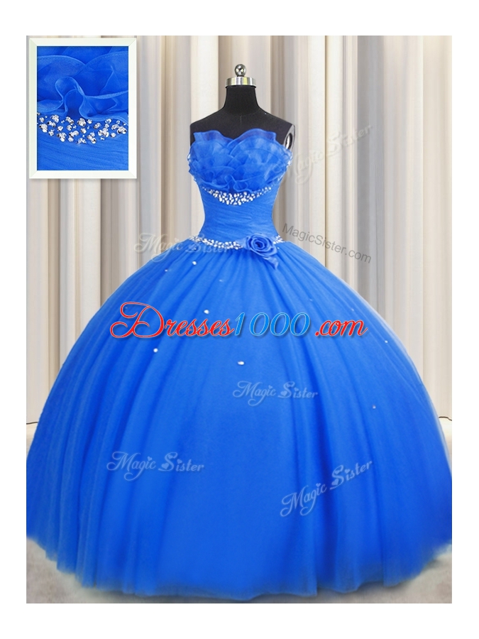 Handcrafted Flower Strapless Sleeveless Tulle Quinceanera Dresses Beading and Sequins and Hand Made Flower Lace Up