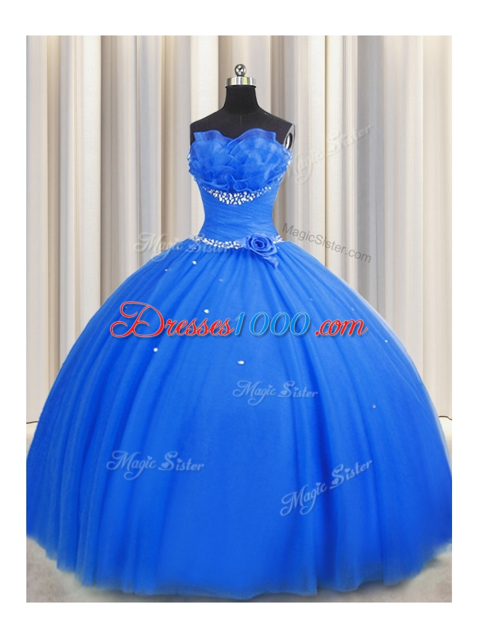 Handcrafted Flower Strapless Sleeveless Tulle Quinceanera Dresses Beading and Sequins and Hand Made Flower Lace Up