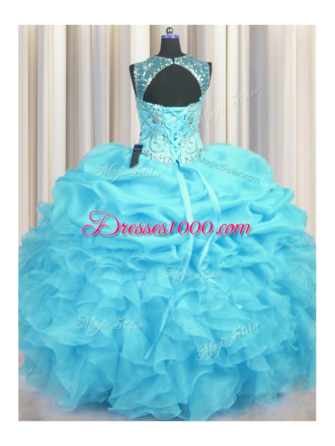 Low Price Scoop See Through Sleeveless Floor Length Beading and Ruffles and Pick Ups Lace Up Quince Ball Gowns with Aqua Blue