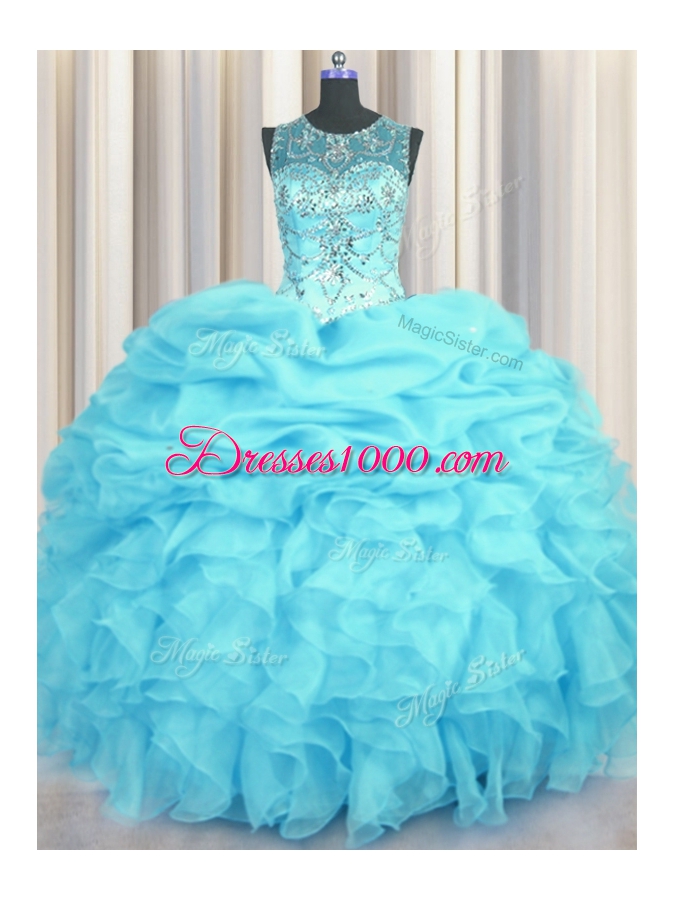 Low Price Scoop See Through Sleeveless Floor Length Beading and Ruffles and Pick Ups Lace Up Quince Ball Gowns with Aqua Blue