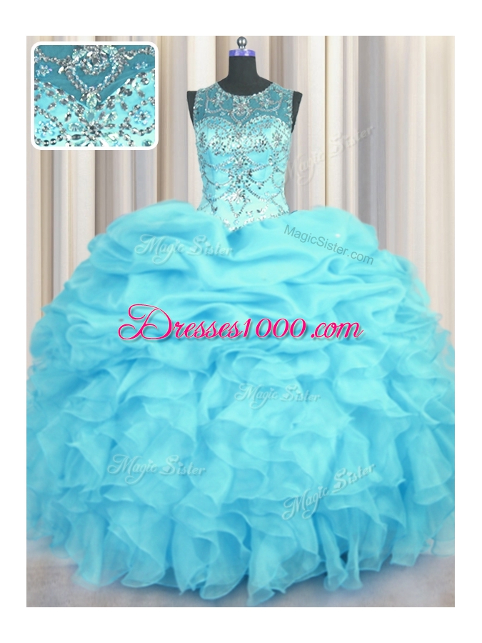 Low Price Scoop See Through Sleeveless Floor Length Beading and Ruffles and Pick Ups Lace Up Quince Ball Gowns with Aqua Blue
