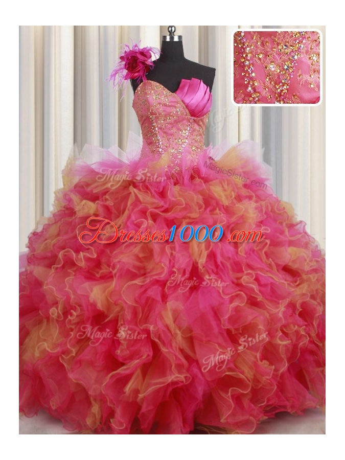 Multi-color One Shoulder Lace Up Beading and Ruffles and Hand Made Flower Quinceanera Gowns Sleeveless