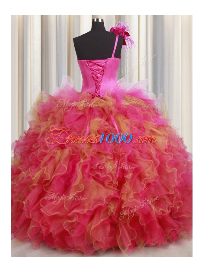 Multi-color One Shoulder Lace Up Beading and Ruffles and Hand Made Flower Quinceanera Gowns Sleeveless