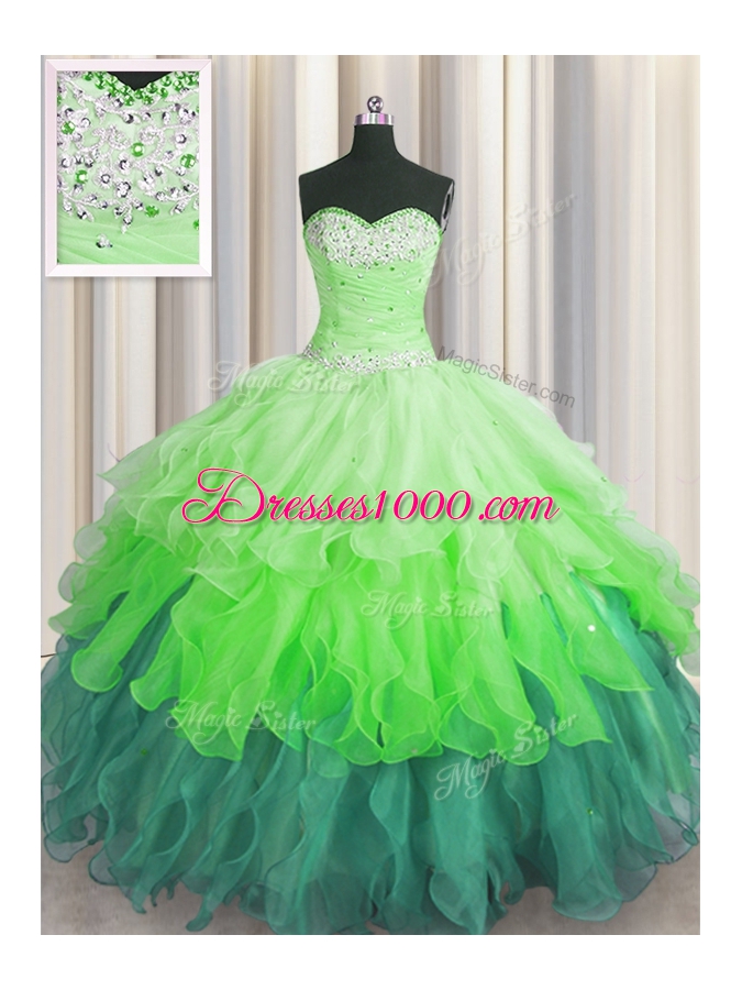 Multi-color Sweetheart Neckline Beading and Ruffles and Ruffled Layers and Sequins 15th Birthday Dress Sleeveless Lace Up