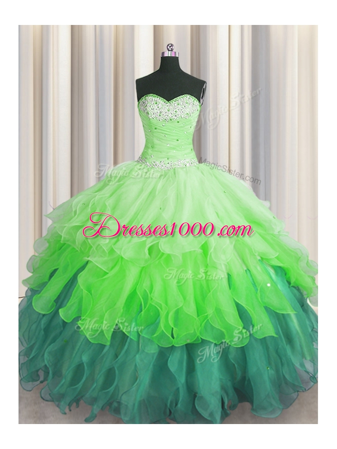 Multi-color Sweetheart Neckline Beading and Ruffles and Ruffled Layers and Sequins 15th Birthday Dress Sleeveless Lace Up