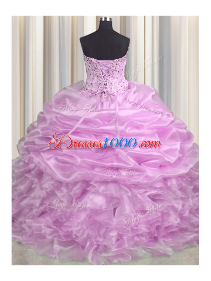 Pick Ups Brush Train Ball Gowns Vestidos de Quinceanera Lilac Sweetheart Organza Sleeveless Floor Length Lace Up
