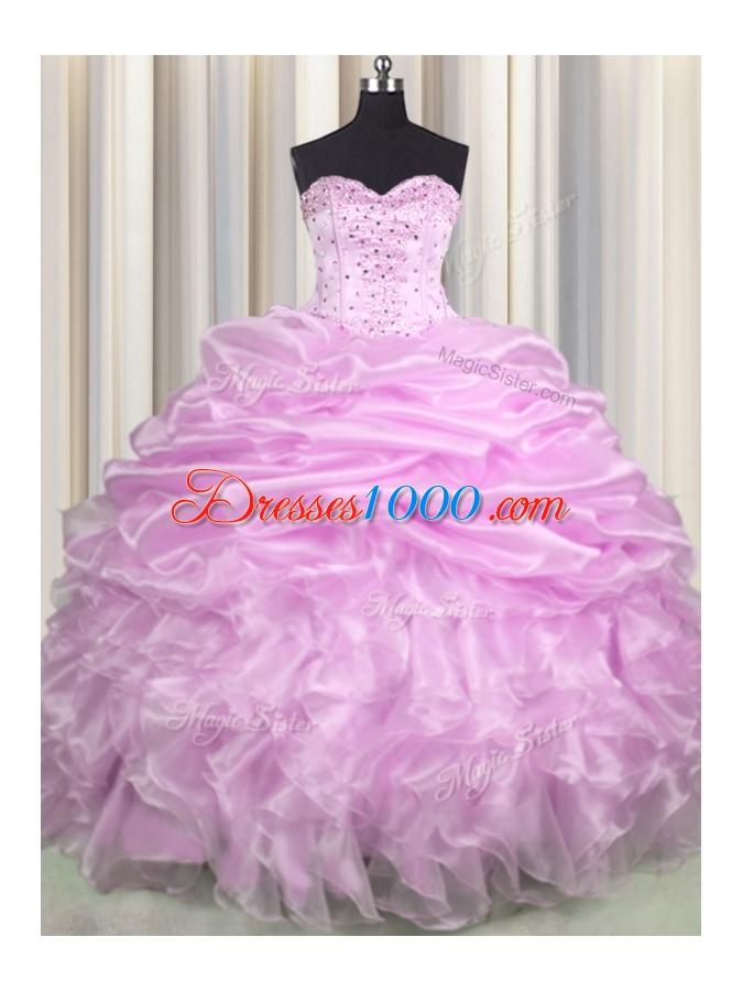 Pick Ups Brush Train Ball Gowns Vestidos de Quinceanera Lilac Sweetheart Organza Sleeveless Floor Length Lace Up