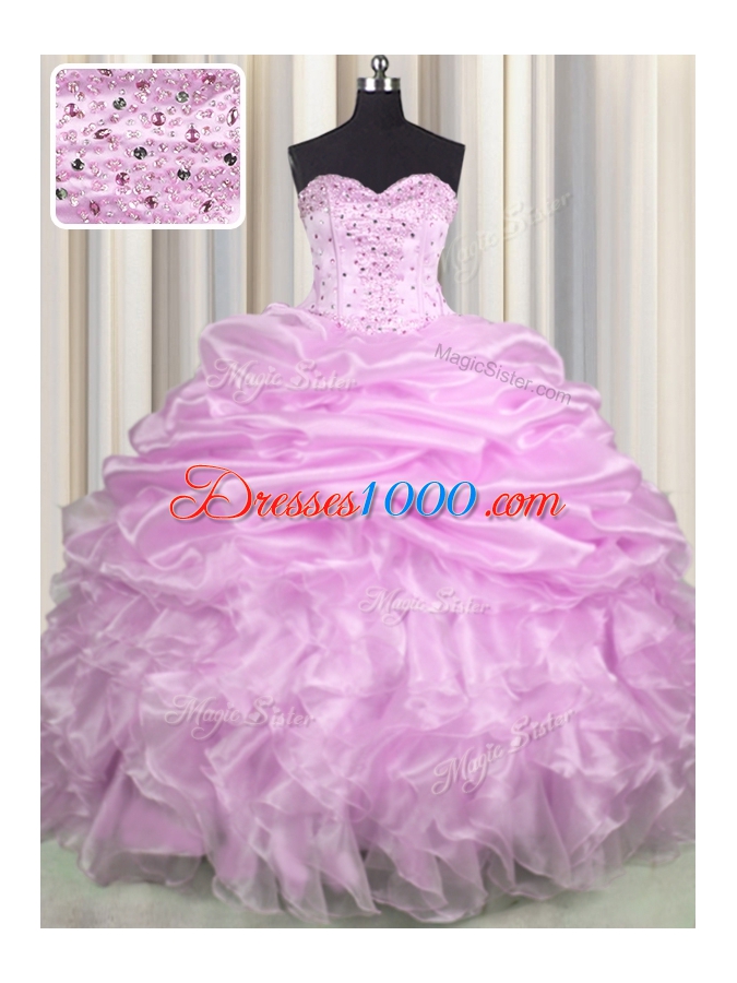 Pick Ups Brush Train Ball Gowns Vestidos de Quinceanera Lilac Sweetheart Organza Sleeveless Floor Length Lace Up